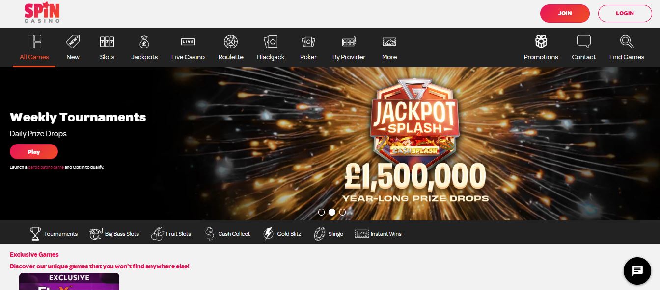 Pagina principal de Spin Casino con jackpots y juegos exclusivos